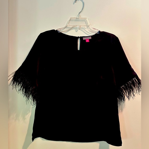 Vince Camuto Tops - Vince Camuto Women’s Black Satin Blouse with Ostrich Feathers on Sleeves, Small